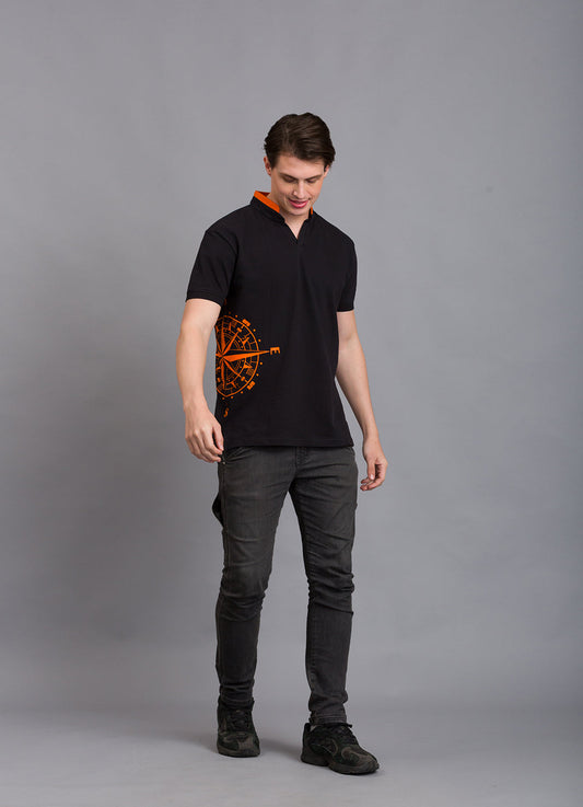 Timeless V-Neck Polo: Chic Comfort | Black Global Compass Polo: Timeless Elegance | Black Global Compass Polo: Timeless Elegance | Black